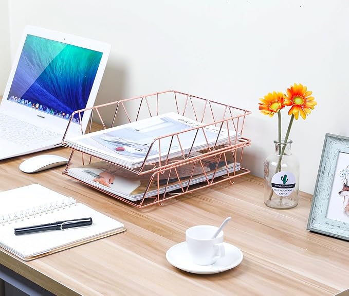 Set of 2 Office Supplies Metal Stackable File Document Letter Tray Organizer for Desk, Rose Gold
