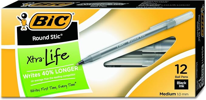 BIC Round Stic Xtra Life Ballpoint Pen, Medium Point (1.0mm), Black, Flexible Round Barrel For Writing Comfort, 12-Count (Pack of 36, 432 Count Total)
