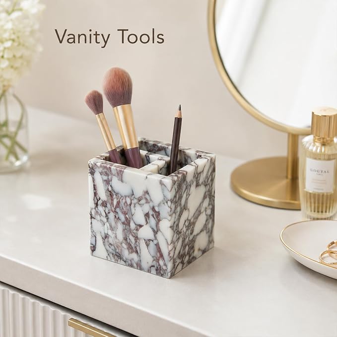 2-Compartment Marble Pen Holder, 3.74 in | Compact 2-section marble holder for pens, makeup brushes, toothbrushes, razors, and slim daily items.