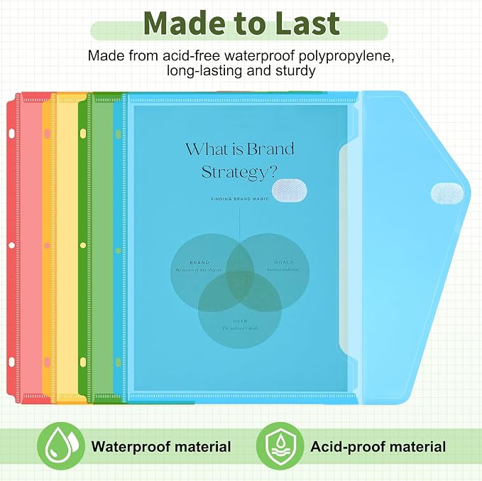 Sooez 12 Pcs Binder Folders Organizer with Staggered Closure, Letter Size | Heavy Weight Binder Pockets for 3 Ring Binders, Space-saving, High Capacity Binder Pouch Sleeves, School Supplies, 4 Colors