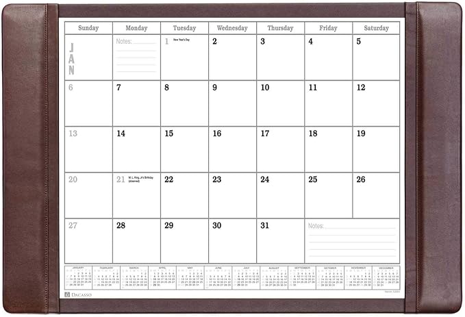 Chocolate Brown Leather Desk Pad w/Calendar, 25.5 x 17.25