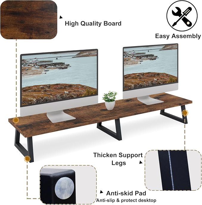TEAMIX 42 inch Large Dual Monitor Stand Riser,TV Riser,Desk Shelf Organizer | Extra Long Computer Stand, Wood & Steel, Holds 300lbs, Keyboard/PS5/Soundbar Storage Underneath, For Home Office & Gaming