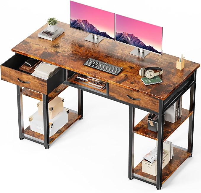 DUMOS 48-Inch Computer Desk with Drawers and Hook, Brown | Home Office Desk for Bedroom, Gaming Writing Study Desk with Adjustable Feet