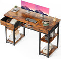 DUMOS 48-Inch Computer Desk with Drawers and Hook, Brown | Home Office Desk for Bedroom, Gaming Writing Study Desk with Adjustable Feet