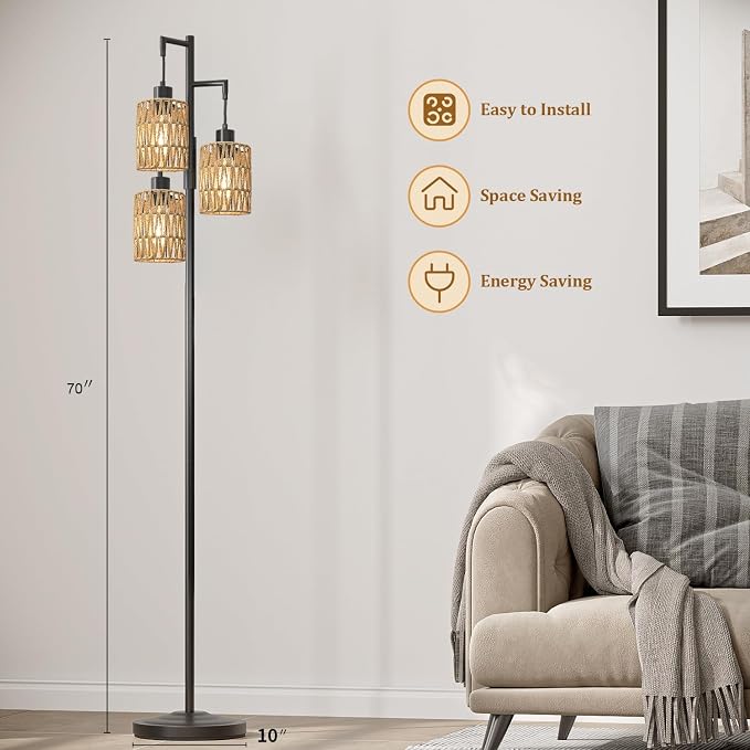 70" Floor Lamps for Living Room, Stepless Dimmable Boho Floor Lamp with 3 Bulbs, Tall Farmhouse Industrial Corner Standing Tree Lamp for Bedroom, Office, Study Room, Dining Room, Black