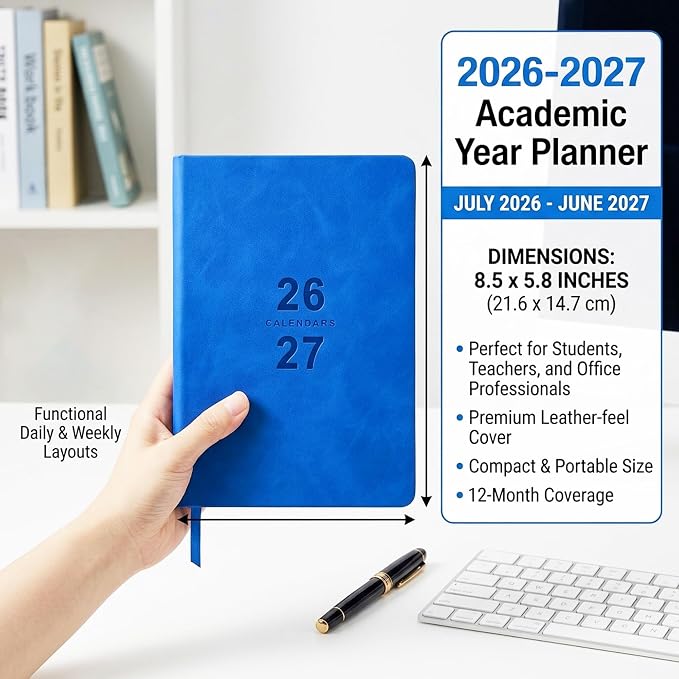 Benkaim Academic Daily Planner 2026-2027 One Page A Day (8.5"x5.8"), Calendar Book with Hourly Schedule, Appointment Book July 2026 to June 2027 Hard Cover (Blue)