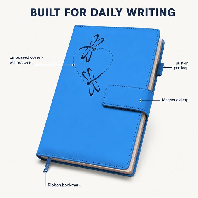 The Amazing Office Dragonfly Refillable Journal, Light Blue Faux Leather, 200 Lined Pages, 5.75x8.5 Inch Notebook with Magnetic Clasp and Pen Holder, Writing Diary for Women and Men