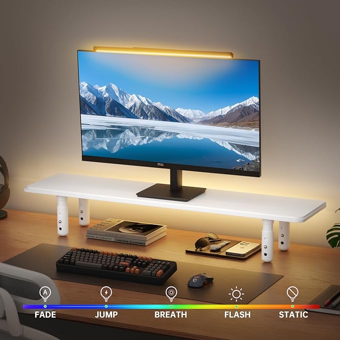 AFOOYO Dual Monitor Stand for Desk, Adjustable Height Wood Computer Riser, Ergonomic Monitor Shelf for Laptop, Printer, TV, Black - Large Storage Space, Sturdy Desk Organizer for Home & Office,White