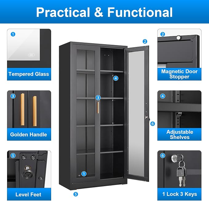 Polup 71" Black Metal Glass Display Cabinet with Security Lock | 5-Tier Curio Case & Tempered Doors, 4 Adjustable Shelves, Heavy-Duty China Storage for Living Room, School & Commercial