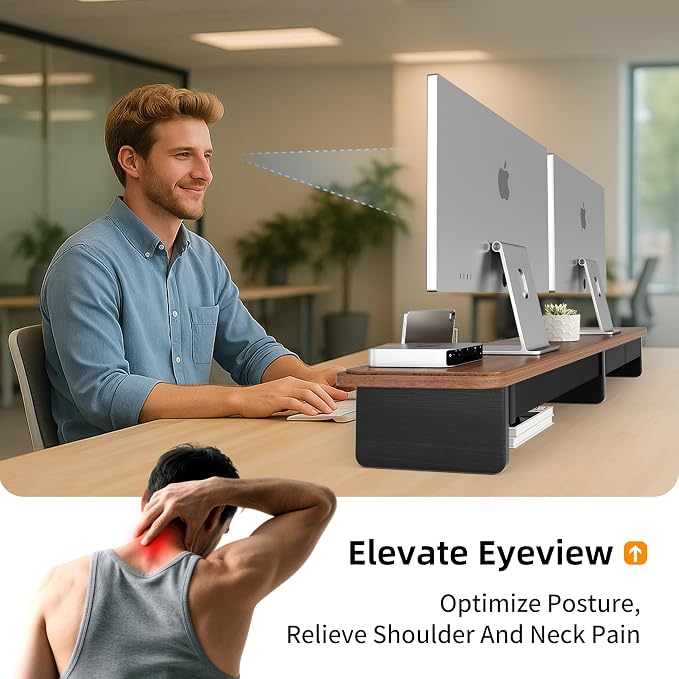 AFOOYO Large Dual Monitor Stand For Desk,43 Inch Desktop Computer Riser with Metal Drawer Desk Shelf Organizer For Computer/Laptop/PC/Printer/TV