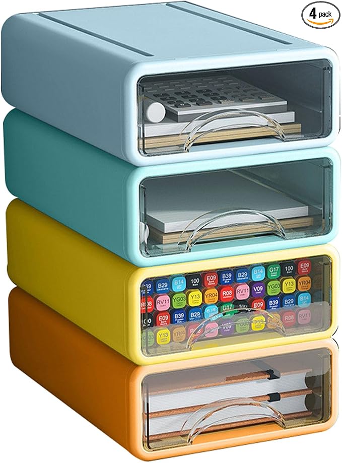 Desk Organizer with Drawers, Stackable Storage Drawers with Compartments Desktop Organization for Office Supplies, Makeup, Pencils, Tape, Erasers, Paperclips, Chargers (4 Pack)