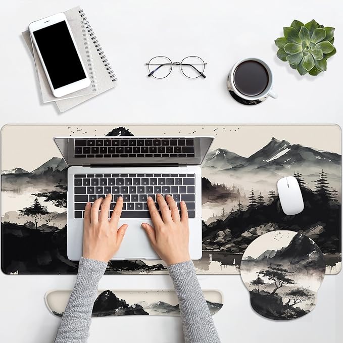 Keyboard Mouse Pad Set, 4 in 1 Desk Mat Set, Black Ink | Landscape Mountain Art Large Mousepad+Keyboard Wrist Rest+Mouse Wrist Rest+Coaster Ergonomic Design for Home Office Computer