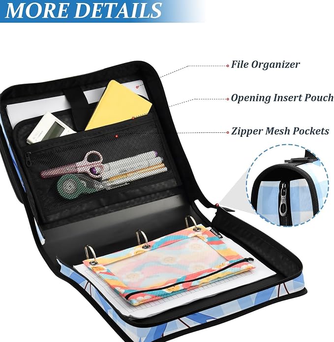 3 Ring Zipper Binder with Shoulder Strap Cherry Blue Bow 1.5 inch Binders Keeper Large Capacity Multi Pockets for School Office Supplies