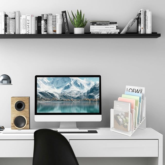 LEKETREE File Organizer for Desk, Desk Organizer with 5-Section Vertical File Rack, File Folder Organizer, Desk Accessories & Workspace Organizers(White)
