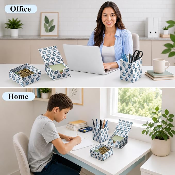 CPC Apatite Blue Block Print Set of 3 Desk Organizer Pen And Sticky Note Holder Cute, Aesthetic, Decor accessories, workspace organizers, Caddy Storage, Gift for Office, Professionals, Student