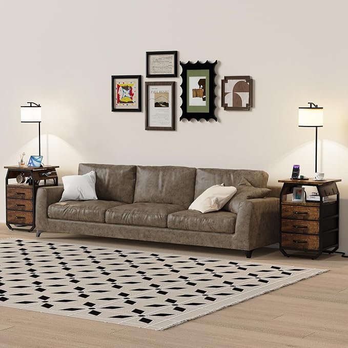 runjuly Floor Lamp with Table Set of 2, End Tables with Lamps Attached 3-Color Temperature Bulb, Side Table with Lamp with 3 Drawers & Charging, Lamps Tables Combo for Bedroom, Dorm - Rustic Brown