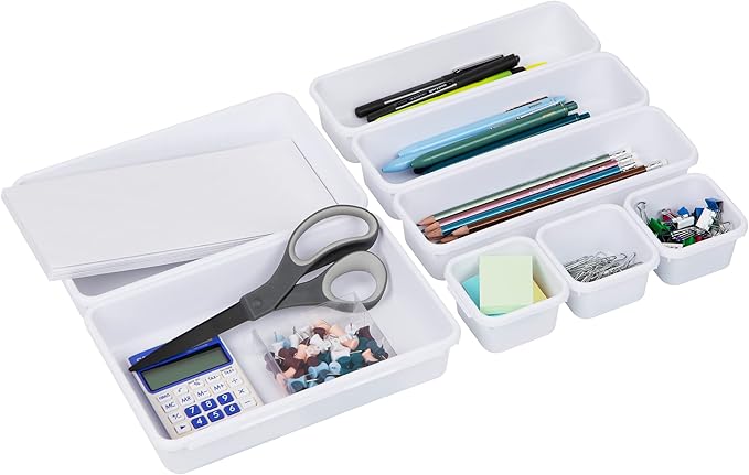 Mind Reader 8-Pc Drawer Organizer, Desk Organizer, Interlocking, Storage, Kitchen, Office, White