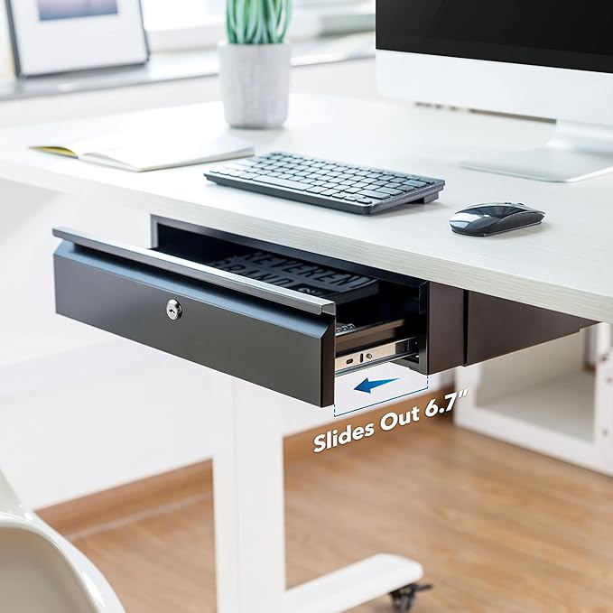 Mount-It! Locking Under Desk Pull-Out Drawer, Heavy-Duty Steel Under Table Slide-Out Storage Organizer with Key Lock for Private Storage, Smooth Glide Track, Fits Desks Over 0.71″ Thick