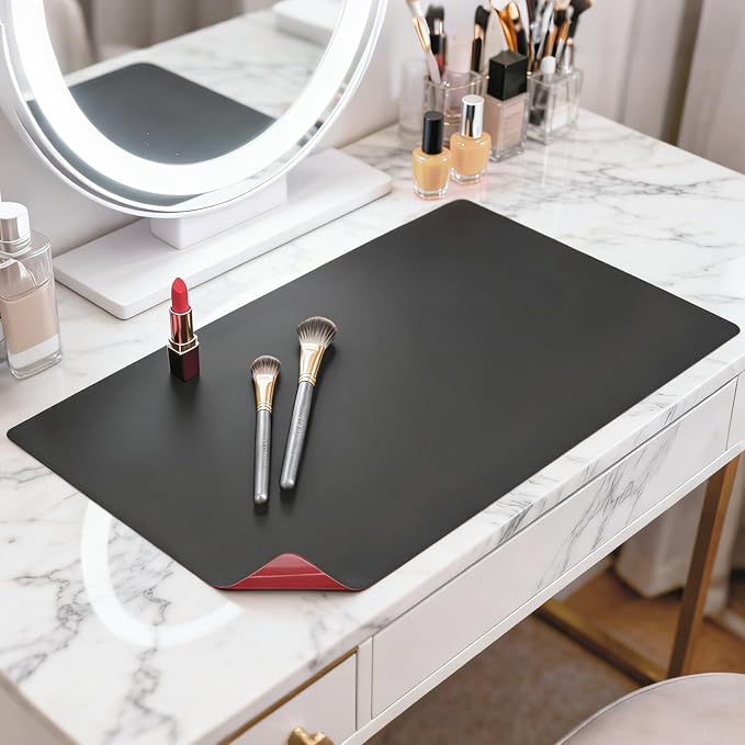 LovePads Makeup Mat for Vanity, 14" x 24" PVC Desk Mat & Dresser Cover Top | Waterproof Desk Protector, Vanity and Desk Accessories; Wipes Clean, Ideal for Writing, Nail Art, Craft Table, Black+Red