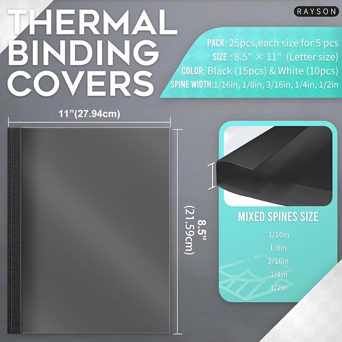 RAYSON Thermal Binding Covers, Letter Size Black Binding Presentation Cover, Mixed Spines Size 1/16in, 1/8in, 3/16in, 1/4in, 1/2in Multi-Pack of 25