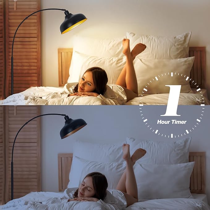 Arch Floor Lamps with Remote, Dimmable Floor Lamp 70” Black Tall Lamp | Arc Lamps Floor Standing with 9W Bulb, 360° Adjustable Hanging Metal Shade, Over Couch Lamps for Living Room, Foot Switch