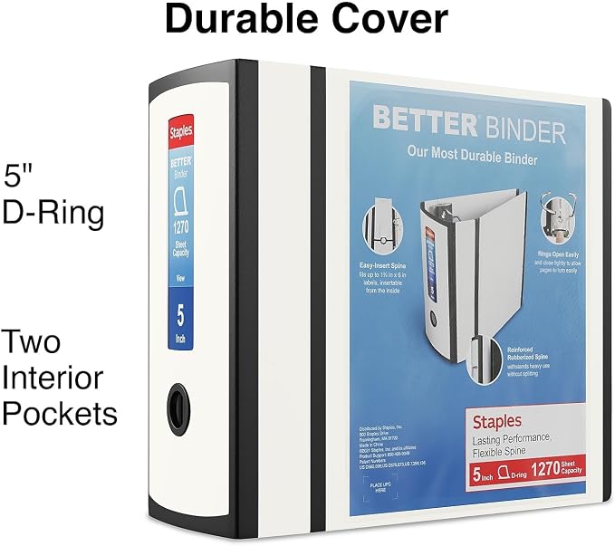 Staples Better 5-Inch D-Ring View Binder, Reinforced Spine | Extra-large capacity binder for archiving everyday office documents.