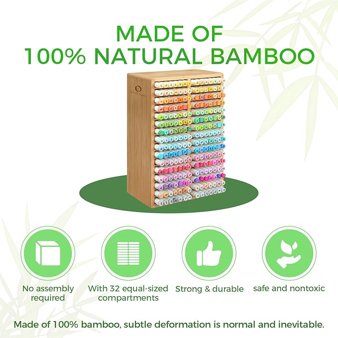Ohuhu Bamboo Marker Organizer Hold 224 Markers for Honolulu Oahu Series | Markers Pens Pencils Stationary Organizer Holder Desktop Storage with 32 Compartments for Classroom Office Decor Home