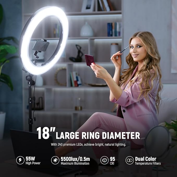NEEWER 55W 18"/45cm Ring Light Kit [New Version], with Tripod Stand, RL-18 | 5600K Dimmable LED Ringlight, Phone Holder for iPhone, Lighting for Selfie Makeup Lash Tattoo Studio Photo Video Recording