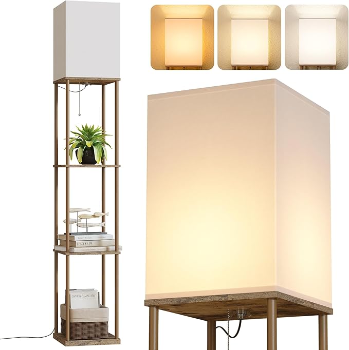 SUNMORY Floor Lamp with Shelves, Modern Square Shelf Lamps, Display Shelf Standing Lamp with 3 Color Temperature Bulb, Corner Bookshelf Lamps for Living Room and Bedroom Office, Home Decor | 3 CCT LED Bulb Include, 4-Tier Display Bookshelf, 63" Tall Co...