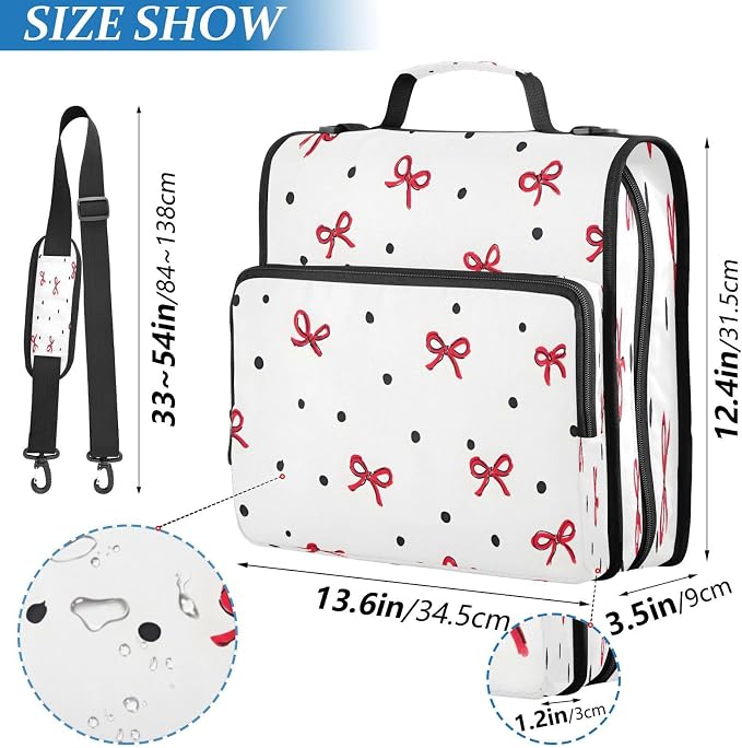 ALAZA Zipper Binder 3 Ring Red Bow Black Polka Dot Binder Organizer with Zipper and Shoulder Strap Large Capacity Multi-Pocket Trapper Keeper File Folder for Office Supplies