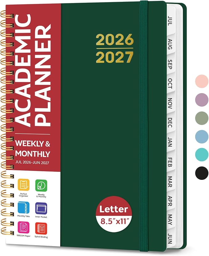 Taja Planner 2026-2027, Jul 2026-Jun 2027 Monthly & Weekly Calendar Book | 8.5" x 11", Hardcover Academic Calendar with Tabs, Teacher Student Agenda Book for School Office Supplies - Dark Green