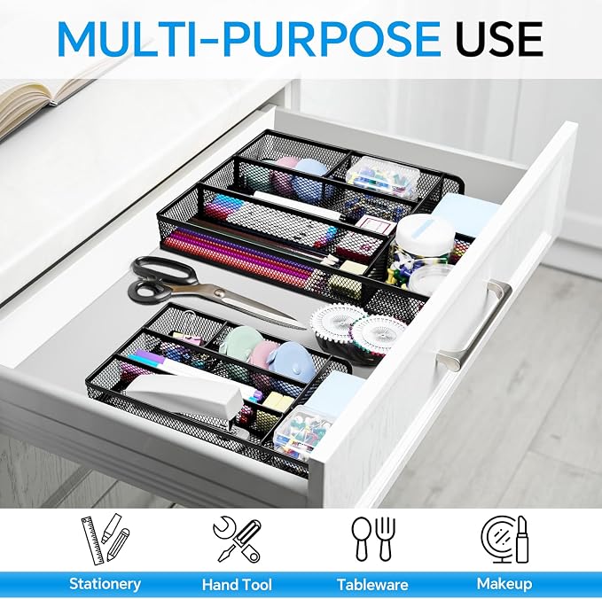 Desk Drawer Organizer, Office Drawer Divider Organizer Tray with 6 Compartments, Metal Mesh Desktop Organization and Accessories for Stationery Makeup Kitchen Toolroom School ＆Office, 12.6x8.27x1.6 in