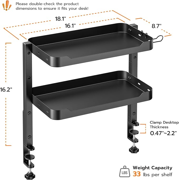 ARES WING 2-Tier 16 inch Clamp On Desk Shelf, Above or Under Desk Storage | Adjustable Desktop Organizer Shlef Holds 66 lbs Heavy Duty, with Headphone Holder for Working and Gaming Accessories, Black