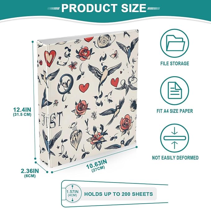 Vintage Tattoo 3 Ring Binder 1.5 Inch Round Ring Binder Organizer with Clear View Pocket for Office Supplies-2 Pack