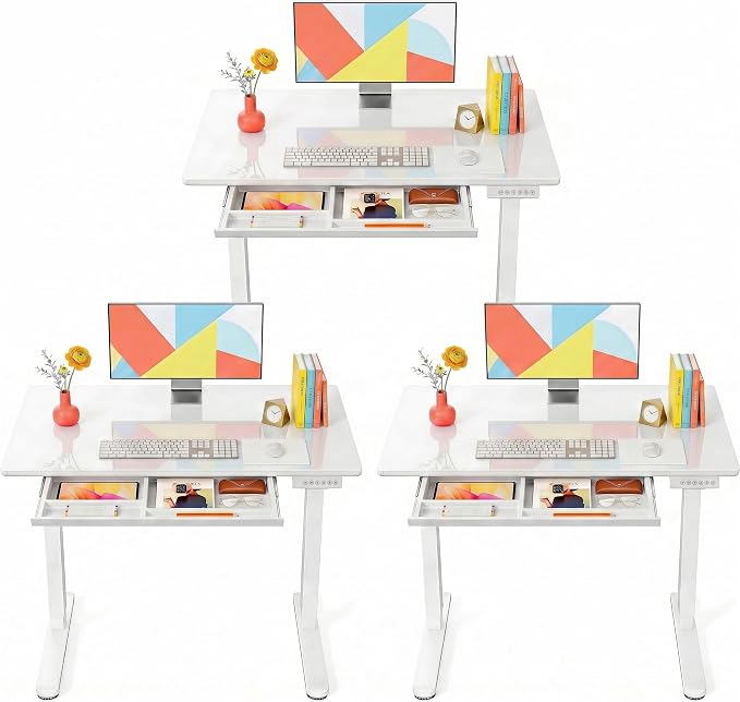 Marsail 37 x 22 inch Glass Standing Desk with 4-Zone Drawer Storage, 3 Pack | 28.3–46.5 Inch Height Range, One-piece Glass top, Sit Stand Design, White finish, Compact Desk for Computer & Home Office