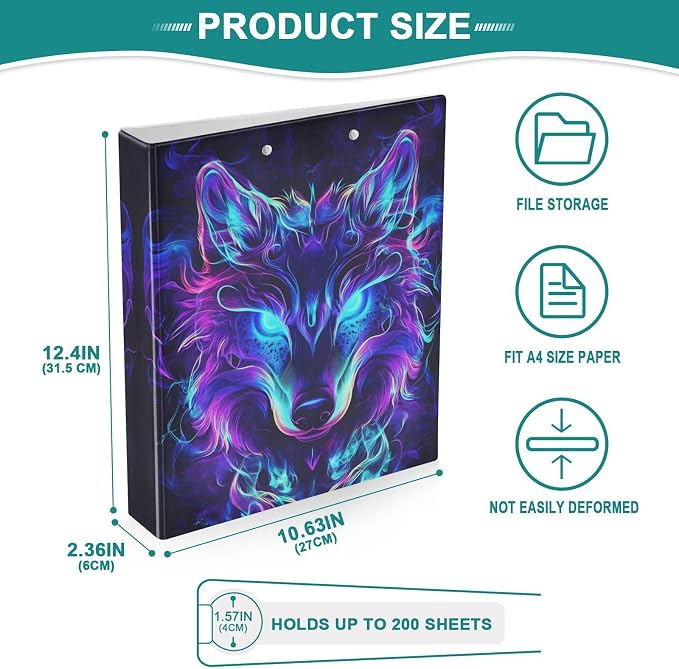3 Ring Binder Mystical Wolf Face 1.5" Round Ring Binders View Binder with 200 Sheet for Kids School Supplies Women Men Office, 1 Pack