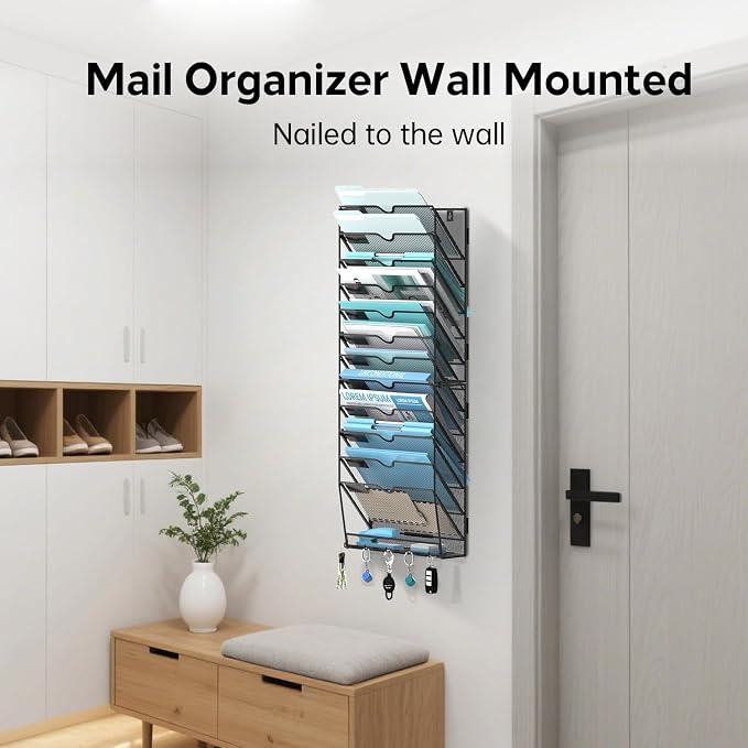 13-Tier Wall File Organizer and Mail Organizer with 5 Hooks, Black | Label slots, curved openings, 5 key hooks, and a bottom tray support organized mail, file, and everyday item storage.