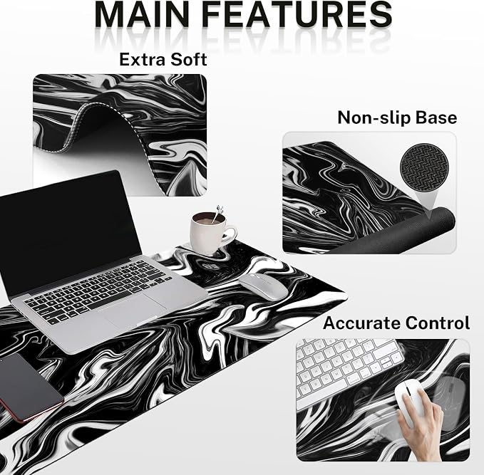 Keyboard Mouse Pad Set, 4 in 1 Desk Mat Set, Black White Marble | Large Mousepad+Keyboard Wrist Rest+Mouse Wrist Rest+Coaster Ergonomic Design for Home Office Computer