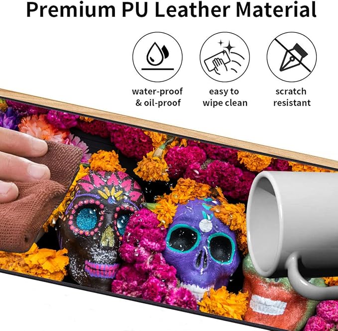 Extended Gaming Mouse Pad Desk Pad Keyboard Pad, Mouse Wrist Rest and Coaster, Anti-Slip Rubber Base Mouse Pad, Suitable for Gaming and Office, Candy Skull