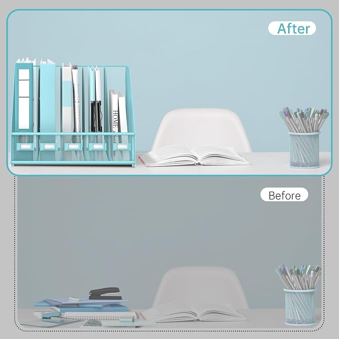 Desk Organizers Metal Desk Magazine File Holder with 5 Vertical Compartments Rack File Organizer for Office Desktop, Classroom, Home Workspace, Blue Plus