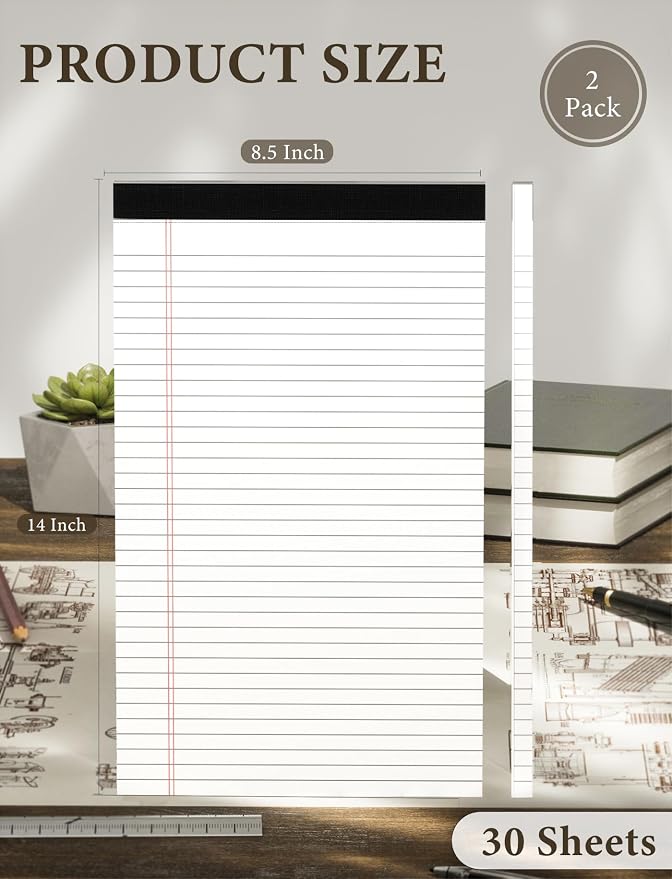 Legal Pads 8.5 x 14 White Wide Ruled, 2 Pack Legal Note Pads 8.5x14 Notepad