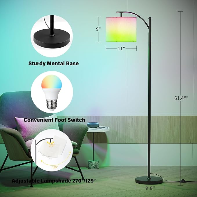 SUNMORY Arc Floor Lamp, Smart APP Remote Control Standing RGB Lamp | Tall Lamp with RGB Bulb & Hanging Lampshade, Dimmable Floor Lamp, Modern Floor Lamps for Living Room, Bedroom, Office