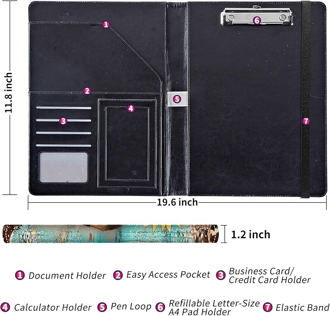 Padfolio/Portfolio Folder Clipboard,Padfolio Clipboard,Writing Portfolio Leather with Cover for Card Holder Slot Letter Size A4 for Office Conference Notepad Clip Boards,Horse Leopard Sunflower