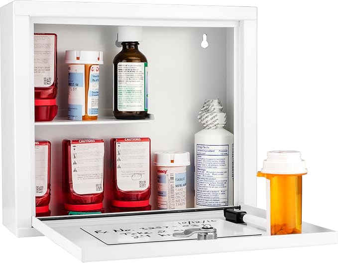 Barska Wall Mount Medical Security Cabinet – Compact Locking Medicine Box with Key Lock, Magnetic Erase Pad, Shelf & Pre-Drilled Mounting Holes - Medicine cabinet organizer - Medicine Storage Glass