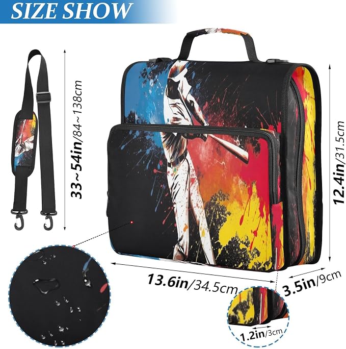 ATTX Baseball Player Zipper Binder with Adjustable Padded Strap - 3 Ring 500 Sheet Capacity Binder Bag with Multi-Pocket Organizer, Fits 12 Inch Laptop#336