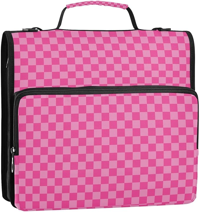 Pink Checkered Print 3 Ring Zipper Binder with Shoulder Strap & Handle 2 Inch D-Ring Zippered Binder Bag with Multiple Pocket & Pencil Pouch, Binder Organizer for School or Office