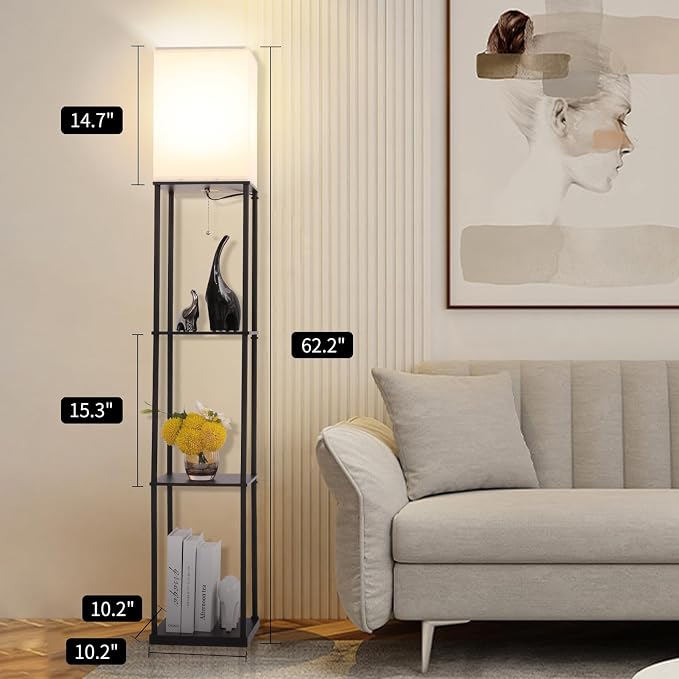 Gupuzm Floor Lamp with Shelves, Modern Square Standing Lamp with 3 Color Temperature Bulb, Corner Display Bookshelf Lamp for Living Room, Bedroom and Office (Black)