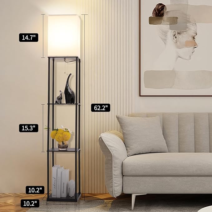 Gupuzm Floor Lamp with Shelves, with Modern Square Standing Lamp with Smart APP Control RGB Bulb, Corner Display Bookshelf Lamp for Living Room, Bedroom and Office (black-9RGB)