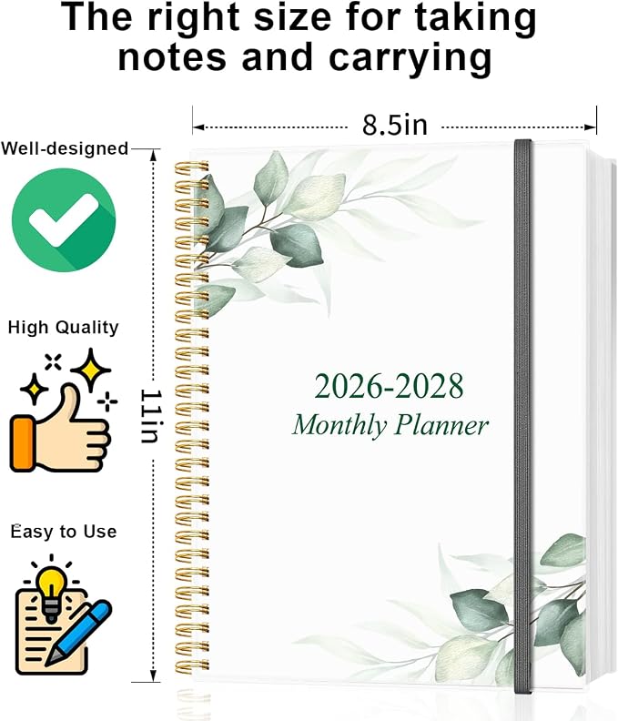 2026-2028 Monthly Planner - 36 Month PLanner Calendar from January 2026 to December 2028, 3 Year Planner 2026-2028 with Flexible Cover, Inner Pocket, Perfect for Home | School | Office, 8.5" x 11", Green Leaf