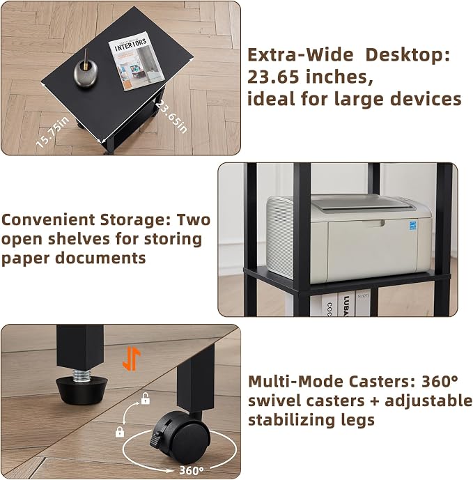 YUFAM 3 Tier Home Printer Stand with Storage, Black | Wooden Mobile Printer Table Shelf, Rolling Printer Cart Shelf with Lockable Wheels fit Fax Machine, Scanner